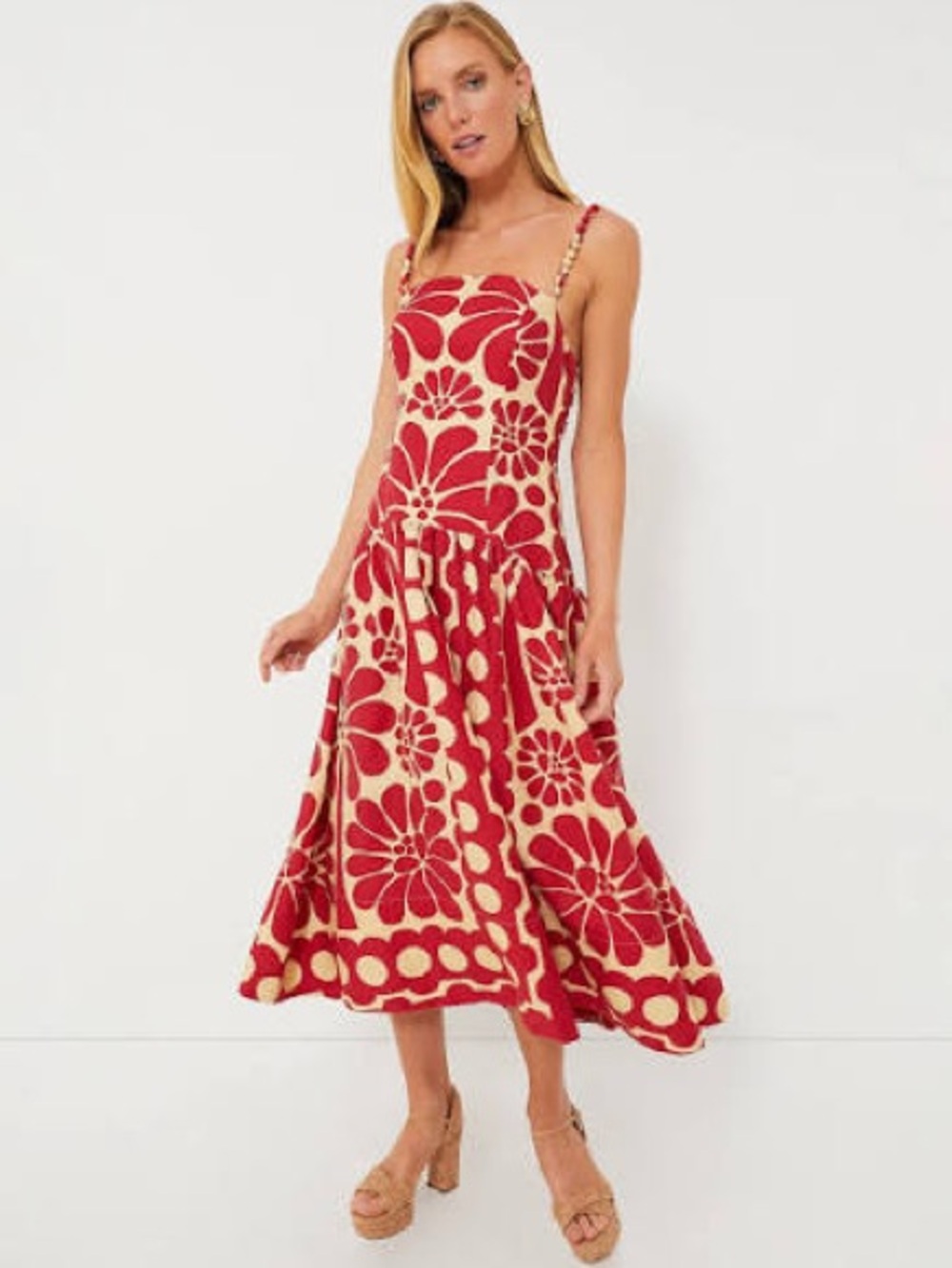 FARM Rio Red & Cream Floral Midi Dress